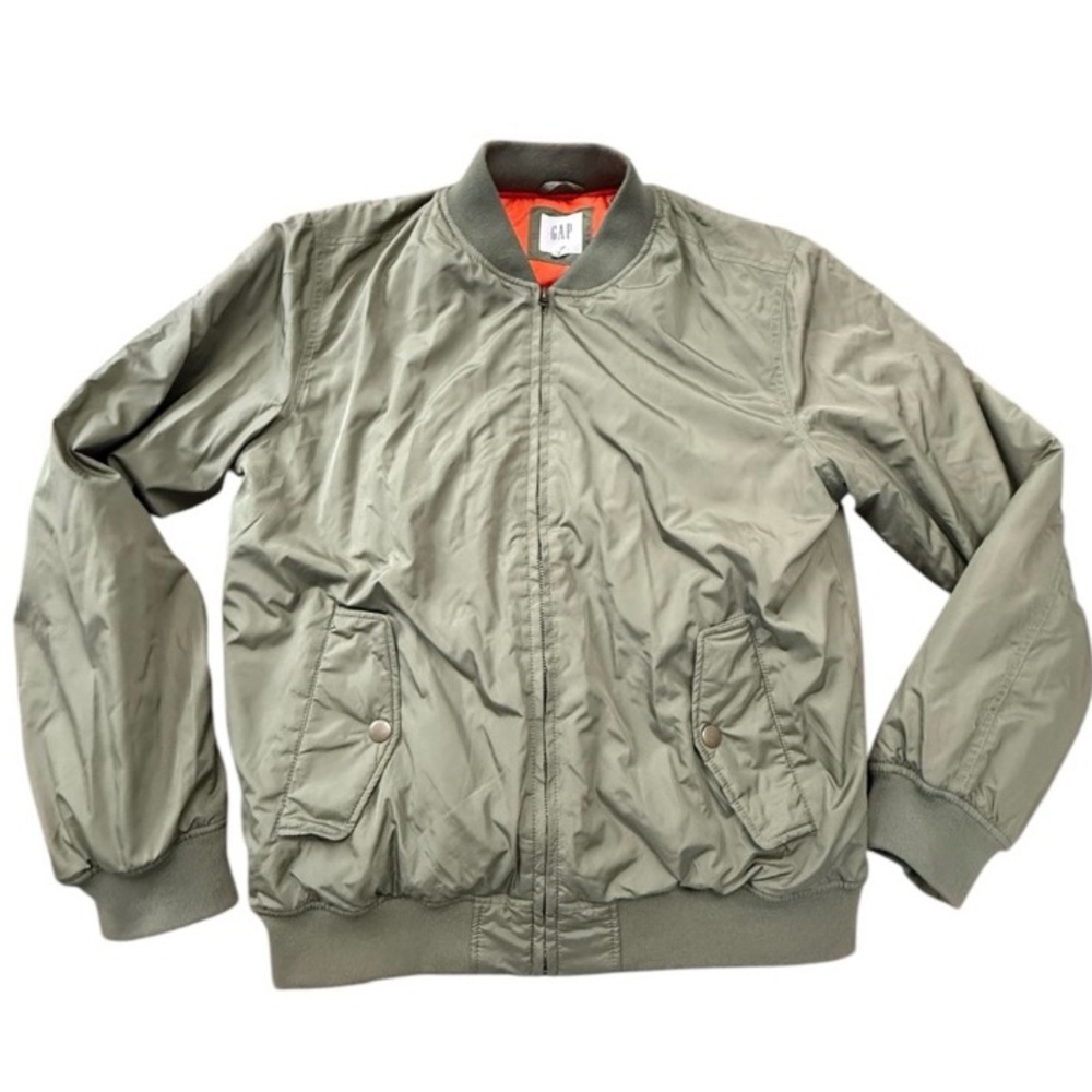 GAP Olive Green Bomber Jacket Orange Quilted Lining Size M Military Inspired